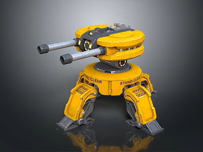 Futuristic Yellow Prototype Robot With Double Gun Barrels And Mechanical Legs 3d model