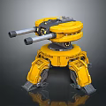 Futuristic Yellow Prototype Robot With Double Gun Barrels And Mechanical Legs