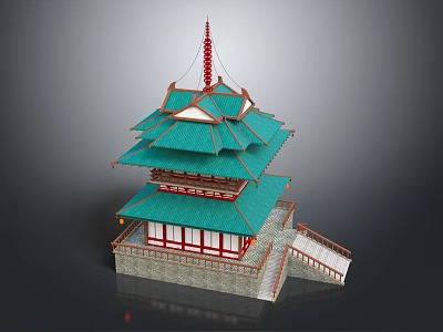 Ancient Chinese Tower With Green Tiled Roof Multiple Tiers Red Decorations And Stone Stairs 3d model