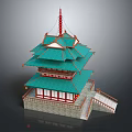 Ancient Chinese Tower With Green Tiled Roof Multiple Tiers Red Decorations And Stone Stairs