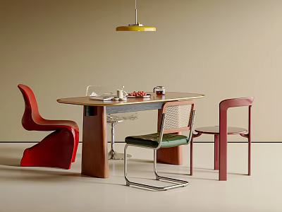 Modern Dining Table And Chairs Set With Colorful Seats Yellow Pendant Light And Tabletop Items 3d model