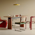 Modern Dining Table And Chairs Set With Colorful Seats Yellow Pendant Light And Tabletop Items