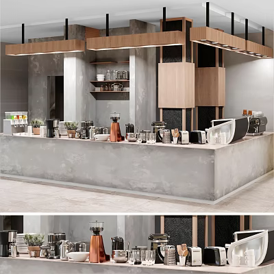 Café Interior Design With Concrete Counter Coffee Machines Wooden Shelves And Green Plants 3d model