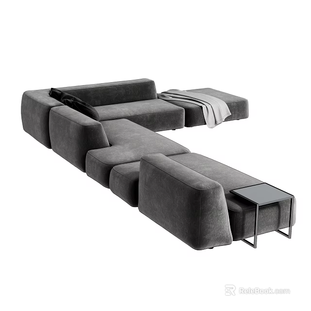 Modern Grey Modular Sectional Sofa with Throw Pillow Blanket and Side Table 3d model