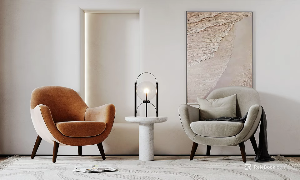 Leisure Sofa Chair Set Brown Light Gray with Side Table Lamp Wall Art and Rug 3d model 