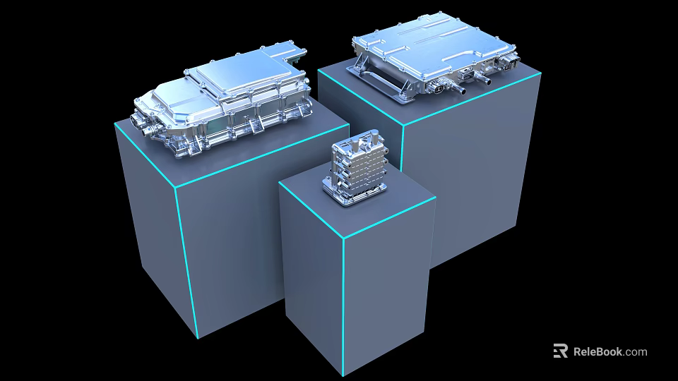 Silver Metallic Industrial Components On Blue Pedestals With Various Sizes 3D Rendering 3d model 
