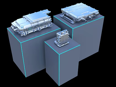 Silver Metallic Industrial Components On Blue Pedestals With Various Sizes 3D Rendering 3d model