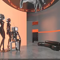 Futuristic Retro Style Bar With Robots Neon Lights Curved Design And Warm Toned Interior
