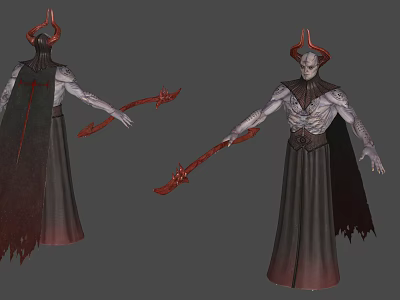 Game Movie Character With Red Horns Pale Skin Dark Robe And Red Staff 3d model