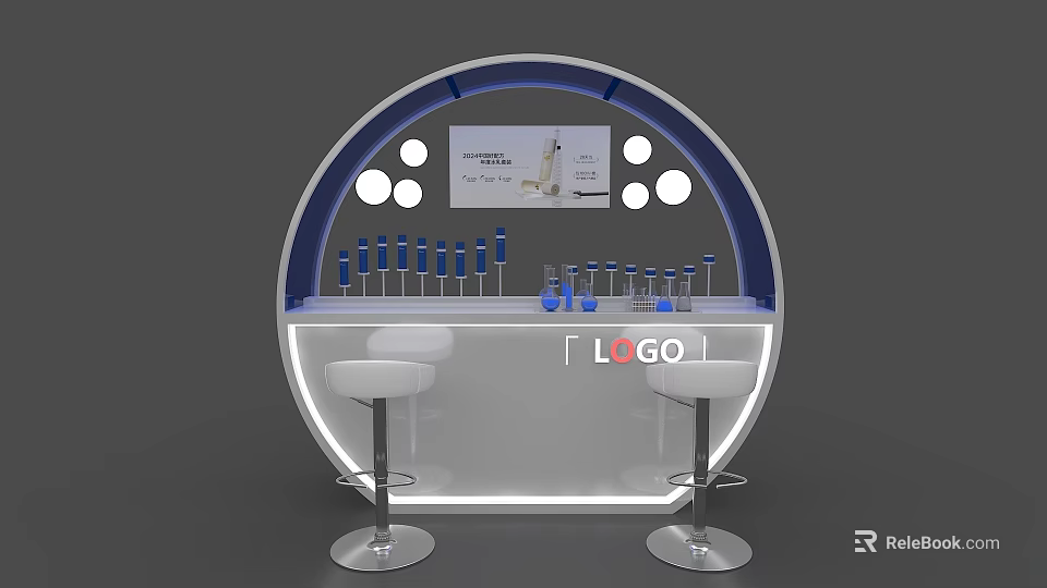 Modern Curved Display Shelf with Wine Glasses Bottles Bar Stools and Logo Space 3d model 