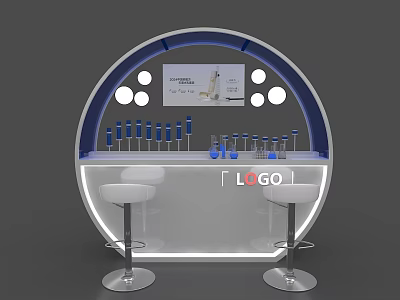 Modern Curved Display Shelf with Wine Glasses Bottles Bar Stools and Logo Space 3d model