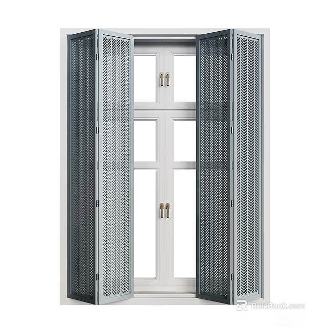 Metal Blinds Mounted On White Door With Glass Panes And Brass Handles 3d model 