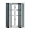 Metal Blinds Mounted On White Door With Glass Panes And Brass Handles