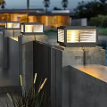 Outdoor Solar Light Square Design With Black Frame And Striped Translucent Shade Emitting Warm Glow