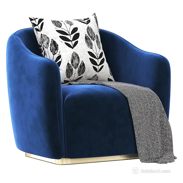 Blue Velvet Single Seater Sofa With Leaf Pattern Cushion And Gray Throw Blanket 3d model