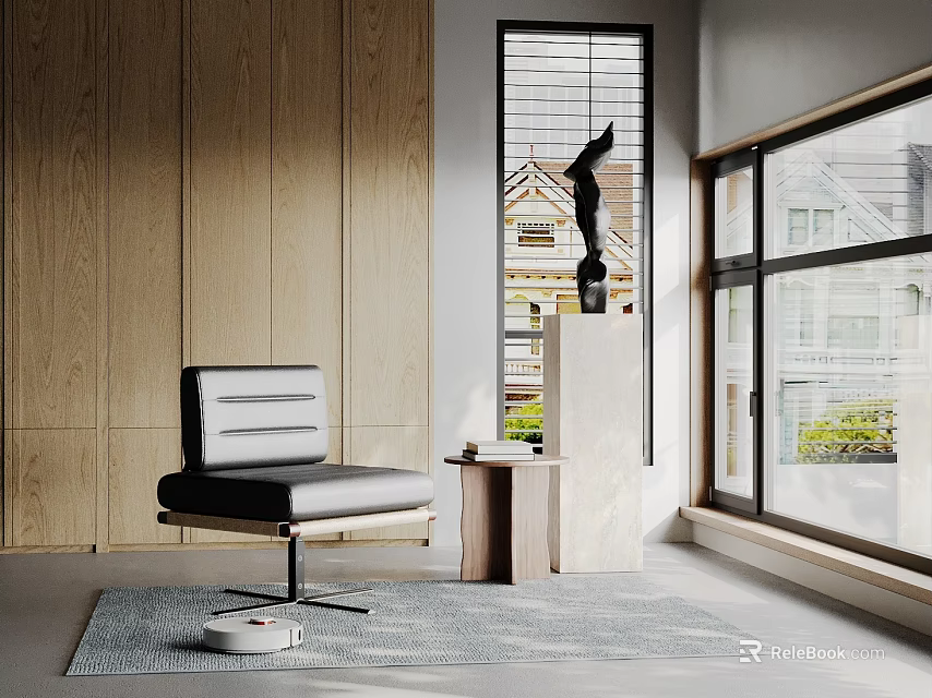 Modern Interior Decorative Ornaments Combination With Wooden Wall Gray Chair Side Table Sculpture And Area Rug 3d model 