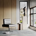 Modern Interior Decorative Ornaments Combination With Wooden Wall Gray Chair Side Table Sculpture And Area Rug