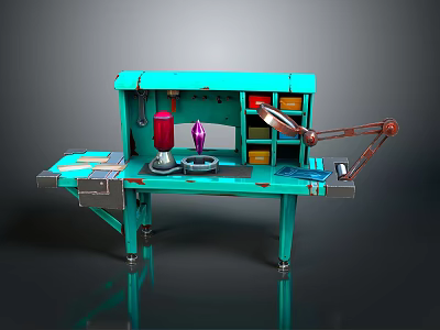 Green Workbench With Desk Lamp Red Container Purple Object Drawers And Shelves 3d model