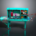 Green Workbench With Desk Lamp Red Container Purple Object Drawers And Shelves
