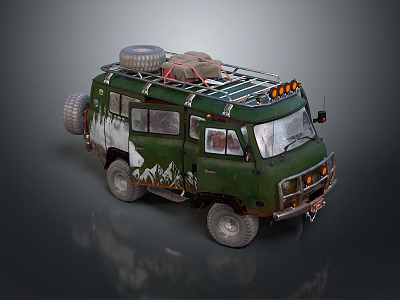 Green Off Road Bus With Roof Rack Spare Tire Luggage And White Exterior Accents 3d model
