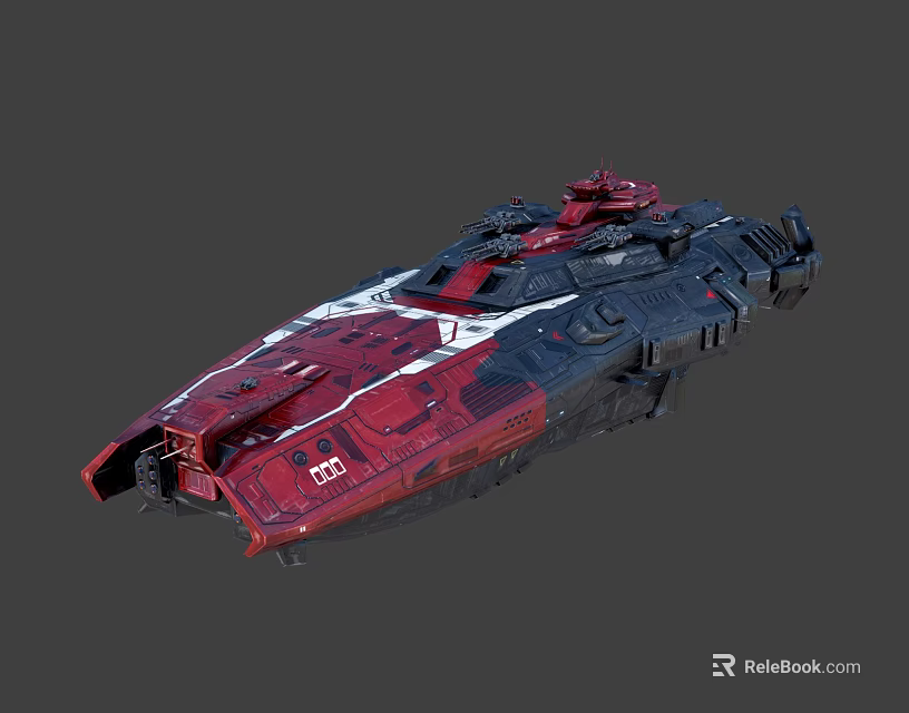 Red and Black Sci Fi Spaceship with Detailed Armored Structure and White Accents 3d model 