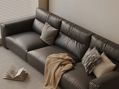 Cozy Black Leather Three-Seater Sofa With Gray Beige Patterned Pillows Brown Blanket And Open Book 3d model