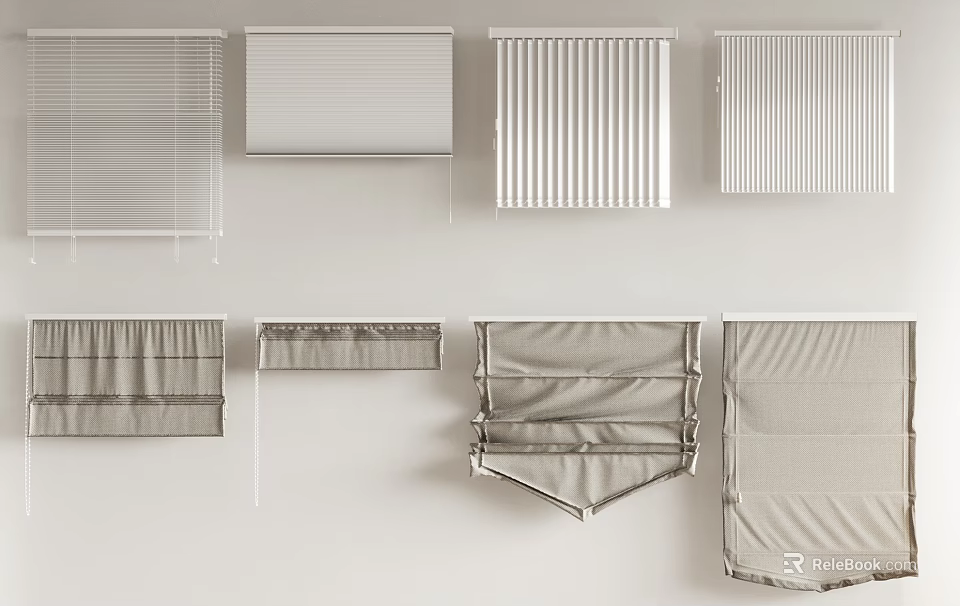 Different Styles Roman Blinds In White And Grey With Various Folds For Interior Design 3d model 