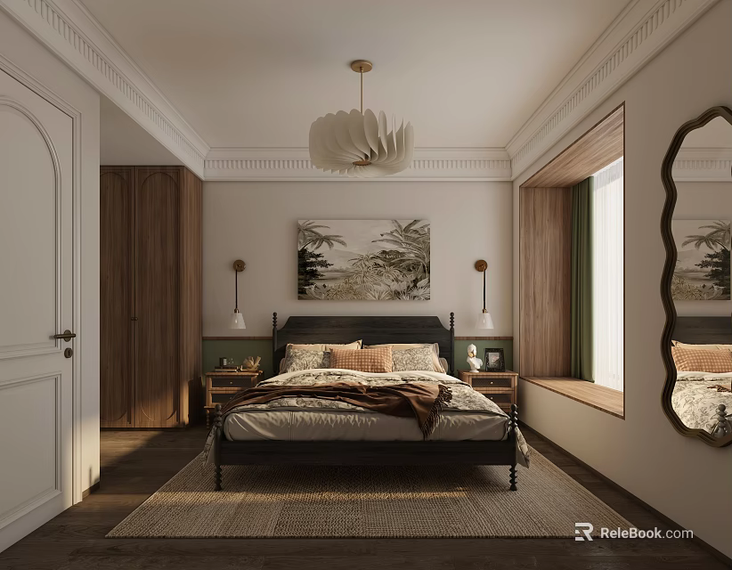 Cozy Bedroom Interior Featuring Bed Nightstands Table Lamps Wall Painting Window Mirror Rug Decorative Moldings 3d model 