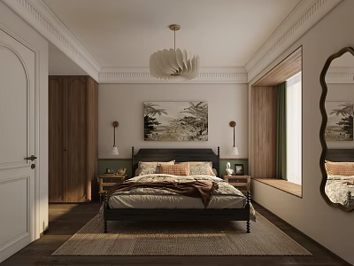 Cozy Bedroom Interior Featuring Bed Nightstands Table Lamps Wall Painting Window Mirror Rug Decorative Moldings 3d model