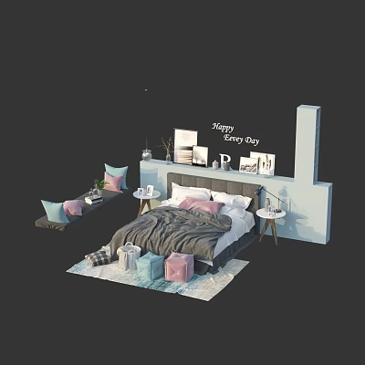 Nordic Double Bed Bedside Cabinet Decorative Painting Carpet Bed 3d model