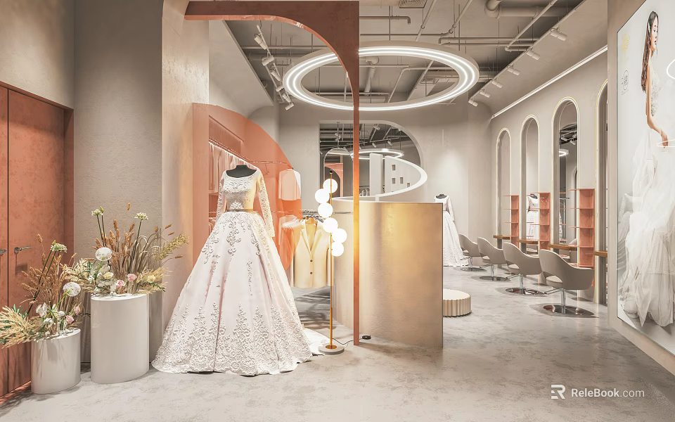 Elegant Bridal Shop Interior Design With Displayed Wedding Dress Lighting And Seats 3d model 