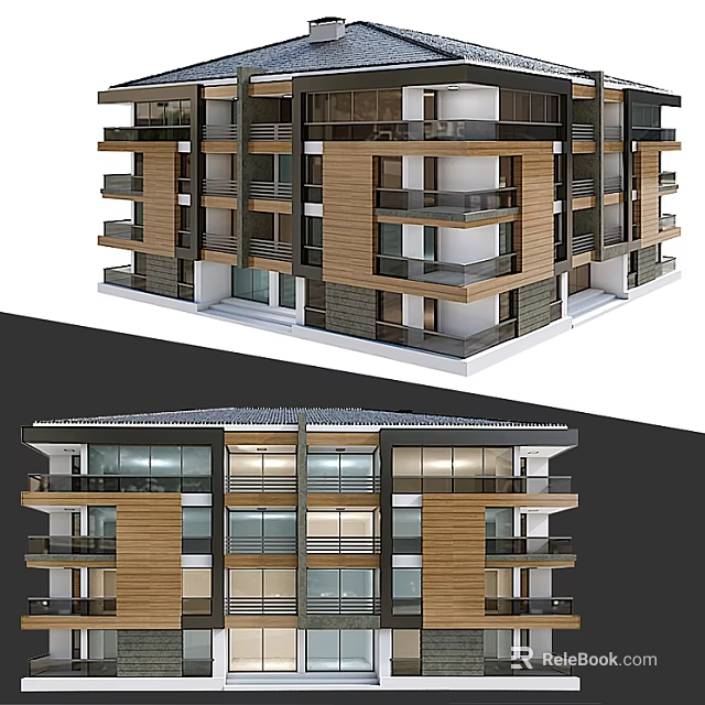 Modern Residential Building With Wooden Exterior Balconies And Large Glass Windows 3d model 