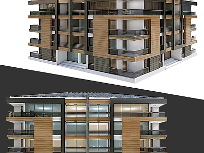 Modern Residential Building With Wooden Exterior Balconies And Large Glass Windows 3d model