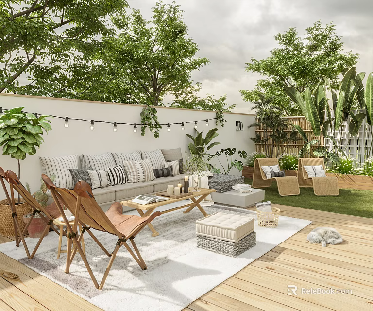 Cozy Outdoor Garden With Seating Furniture String Lights And Greenery 3d model 