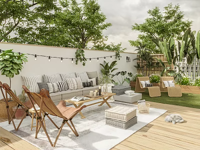 Cozy Outdoor Garden With Seating Furniture String Lights And Greenery 3d model