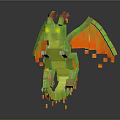 3D Pixel Art Game Character Dragon With Green Orange Wings And Block Structure
