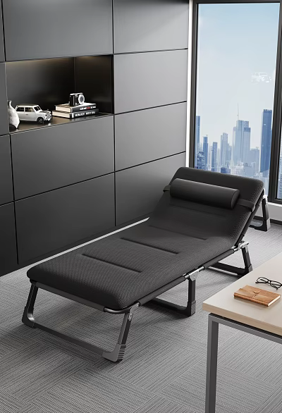 Black Folding Bed In Modern Room With Urban Skyline And Storage Cabinet 3d model