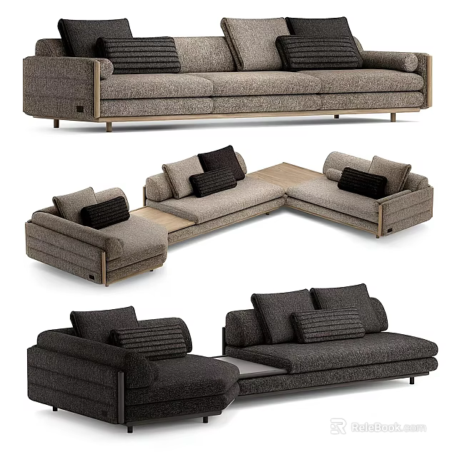 Modern Linen Fabric Neutral Gray Sectional Sofa With Plush Cushions And Wooden Legs 3d model 