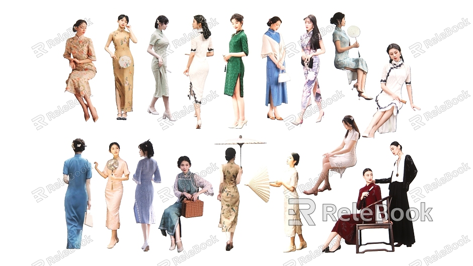 2D Chinese cheongsam costume figure model