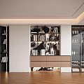 Elegant Modern Decorative Cabinet with Open Shelves Glass Doors and Drawers in Wooden Flooring Interior