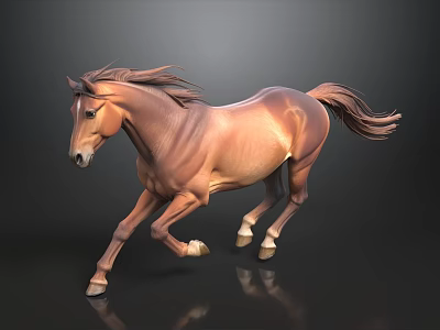 Brown Horse Running With Flowing Mane And Tail On Dark Background 3d model