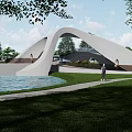 Modern Waterfront Landscape With Curved Architectural Structure Green Lawn And Pedestrian Path For Recreational Activities