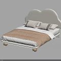 Double Bed with White Cloud Shaped Headboard Brown Quilt Striped Pillows and Wooden Legs