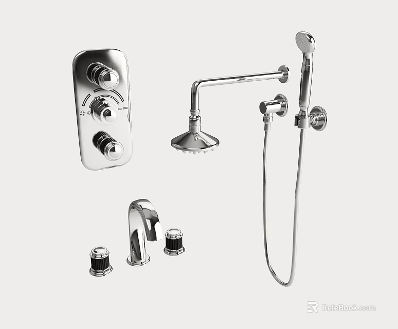 Modern Chrome Shower System With Rainfall Showerhead Handheld Sprayer And Control Valves 3d model 