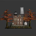 Cartoon Scene With Red House Colorful Autumn Trees Small Building And Circular Base
