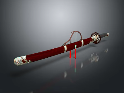 Traditional Decorative Weapon Sword With Red Scabbard Elaborate Hilt And Red Tassels 3d model