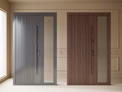Modern Interior Entrance Doors With Gray Brown Vertical Slats And Glass Panels 3d model