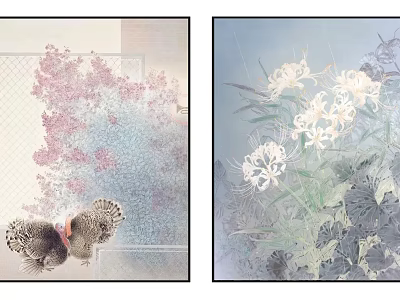 Traditional Asian Painting Artwork With Pink Flowers Bird And White Blossoms Leaves 3d model