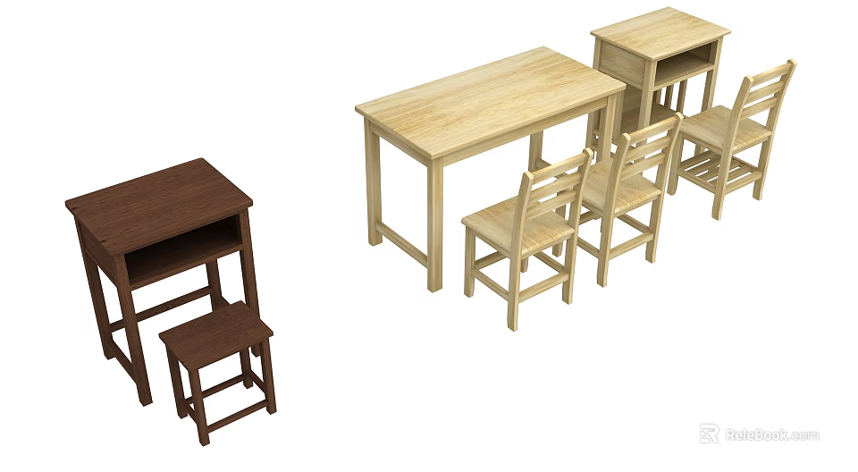 Wooden Furniture Collection With Tables Chairs in Brown and Light Wood Tones 3d model 