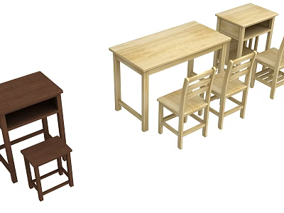 Wooden Furniture Collection With Tables Chairs in Brown and Light Wood Tones 3d model
